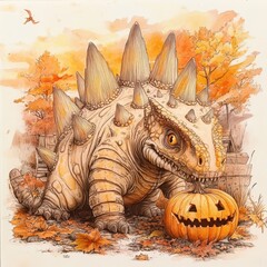 Fototapeta premium Dinosaur with Pumpkin in Autumn Forest Watercolor Illustration