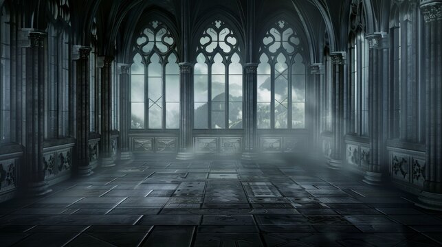 Mysterious Gothic Interior With Arches and Fog Illuminated by Dim Light at Twilight