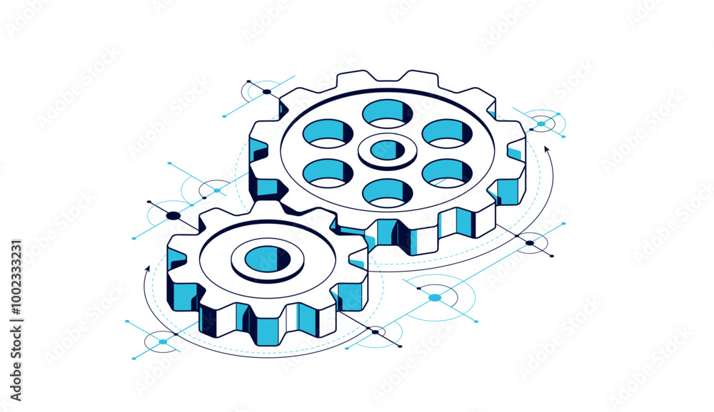 Poster engineer education concept, gears and cogs composition isometric 3d vector illustration, study scien