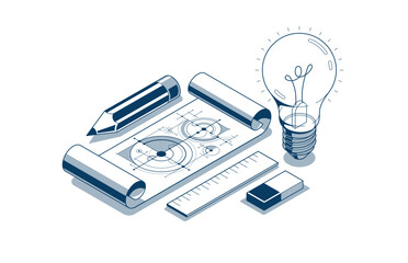 Creative engineering idea concept, light bulb with pencil and engineer blueprint plan 3D isometric vector design, engineering project, education and learning, invention and solution concept.