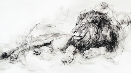Obraz premium Black & White Drawing - Lion on Ground with Head on Tree Branch