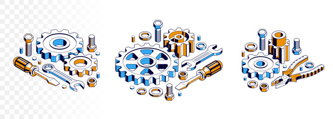 Invention renovation concept set, gears and tools in 3D isometric projection vector illustration, technical theme, cogs and bolts machinery and engine creation.