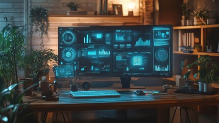 Work-life balance in a modern home office, with holographic screens displaying tasks and wellness tips  Futuristic  Hologram  Minimalist