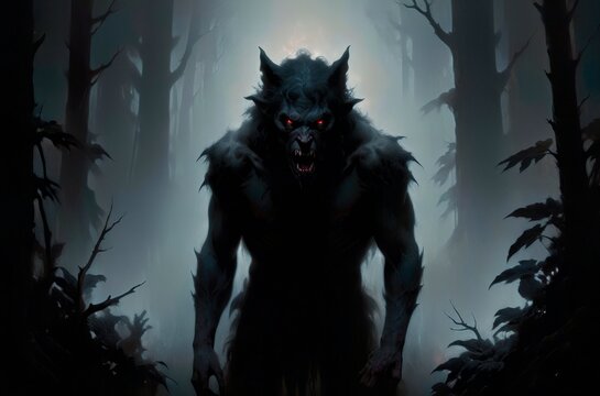 A menacing scary werewolf with glowing red eyes stands in a dark, foggy forest at full moon night. Horror gothic art Halloween painting illustration.
