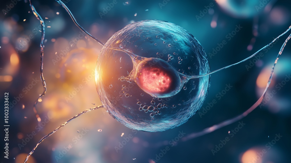 Poster a close-up view of a cell with vibrant colors and intricate details showcasing biological processes 