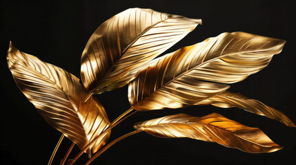 Golden leaves create stunning visual against dark background, showcasing intricate details and luxurious feel. This elegant arrangement adds touch of sophistication to any space
