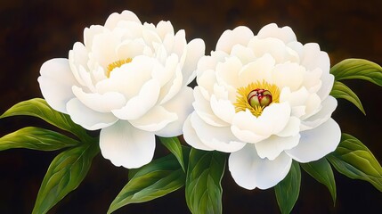 Two beautiful white peonies with green leaves on a dark background.
