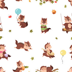 Cute cartoon chipmunks seamless pattern. Chipmunk with leaf, balloon, musical instrument. Funny animals fabric print design, vector background