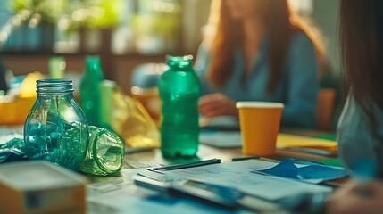 An engaging image of a workshop in session, where a speaker discusses recycling strategies with attendees. Visual aids and materials made from recycled content are displayed