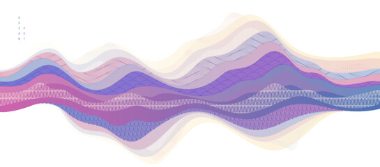 Oriental Japanese style vector abstract illustration, background in Asian traditional style, wavy shapes and mountains terrain, runny like sea lines.