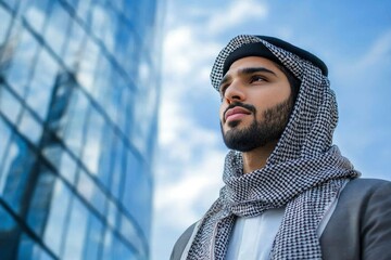 Young Arab Man with Traditional Headscarf Looking Upward