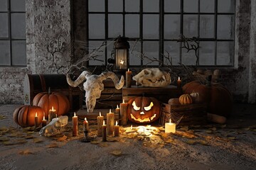 Spooky Halloween scene with skulls, pumpkins,