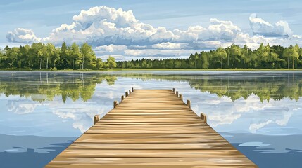 Fototapeta premium A wooden pier extends out into a calm lake with lush green trees on the horizon under a bright blue sky with fluffy white clouds.