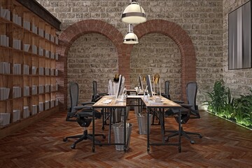 Industrial office with brick walls and modern decor