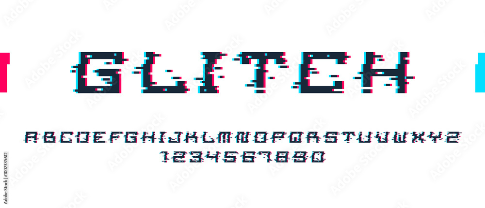 Poster glitch noisy geometric vector font in analog style, futuristic cyberpunk typeface with digital grung