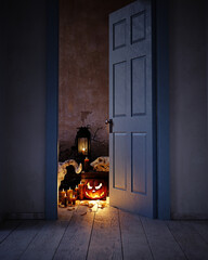 Spooky Halloween scene with skulls, pumpkins,