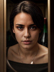 female sommelier carefully examining wine in a glass. Realistic portrait with focus on the wine glass and concentrated facial expression.