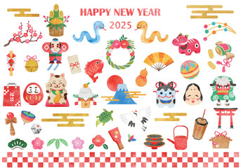 Fototapeta premium 2025年（巳年） お正月アイコンイラストセット 手書き水彩風 