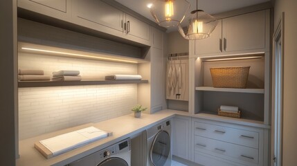 Fototapeta premium A contemporary and functional laundry room with a built-in folding station