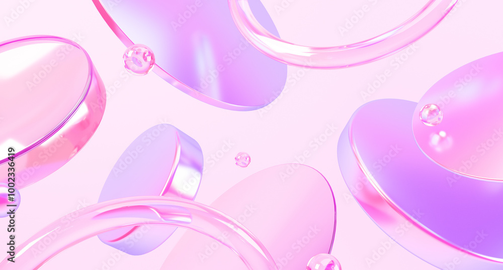 Poster glass disc shapes with colorful reflections composition. 3d rendering illustration.