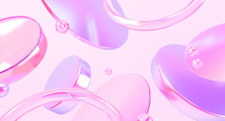 Glass disc shapes with colorful reflections composition. 3d rendering illustration.