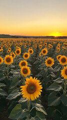 Obraz premium A breathtaking field of sunflowers stretches toward the horizon, bathed in the warm, golden light of sunset