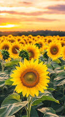 Obraz premium A breathtaking field of sunflowers stretches toward the horizon, bathed in the warm, golden light of sunset