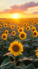 Obraz premium A breathtaking field of sunflowers stretches toward the horizon, bathed in the warm, golden light of sunset