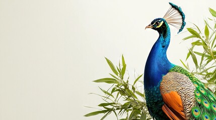 Fototapeta premium A peacock perched on a leaf-filled forest's edge, surrounded by lush greenery