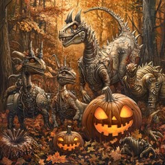 Obraz premium Steampunk Dinosaurs with Jack o Lanterns in Autumn Forest
