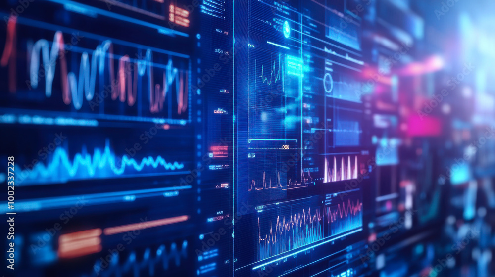 Poster futuristic digital data dashboard displaying various analytics in a dark environment with glowing ne