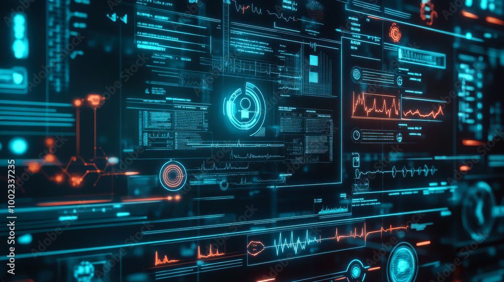 Poster futuristic digital data dashboard displaying various analytics in a dark environment with glowing ne
