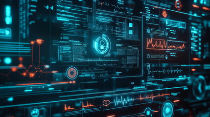 Futuristic digital data dashboard displaying various analytics in a dark environment with glowing neon elements