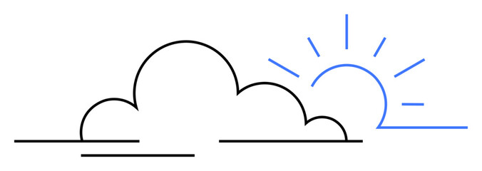 Simple line art of a cloud with sun rays. Ideal for weather forecasts, climate analysis, mobile weather apps, children s learning materials, and design projects. Minimalist style.