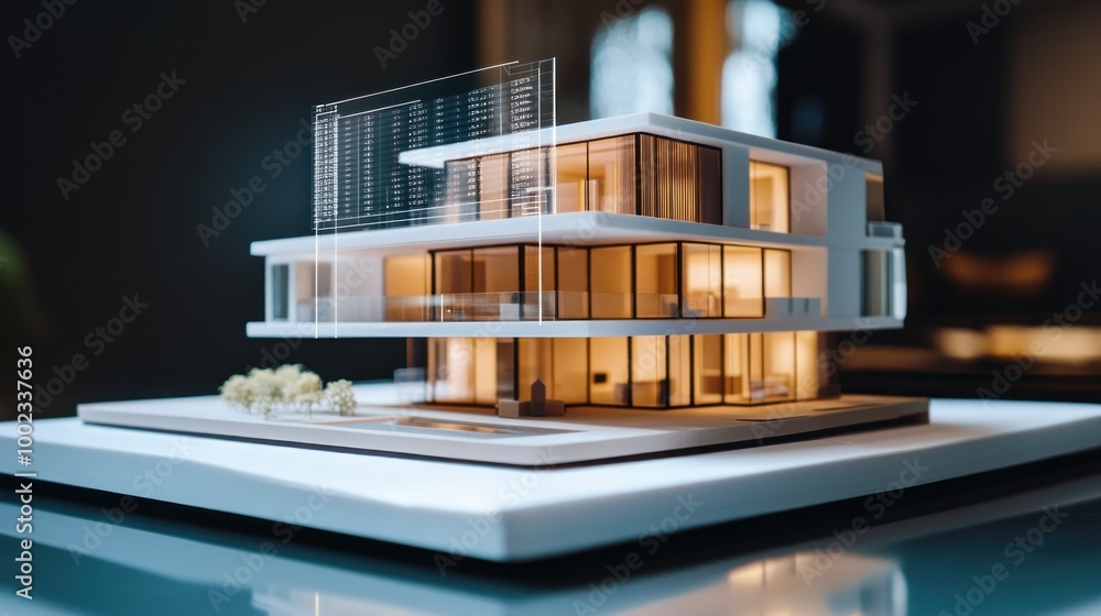 Poster modern house model with data visualization overlay