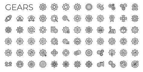 Naklejka premium gears line icon set, teamwork cooperation, manufacturing production innovation industry