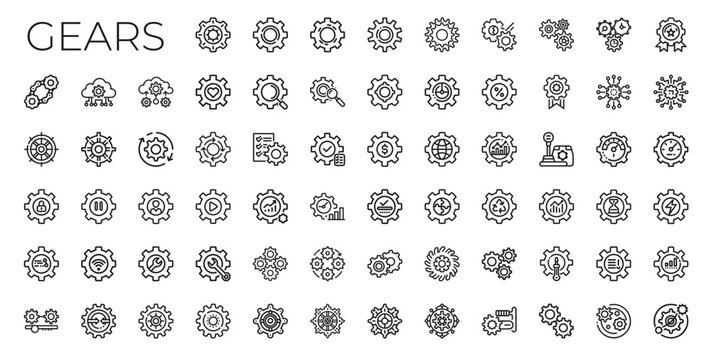 gears line icon set, teamwork cooperation, manufacturing production innovation industry