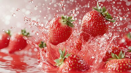   A splash of water hits strawberries in a glass