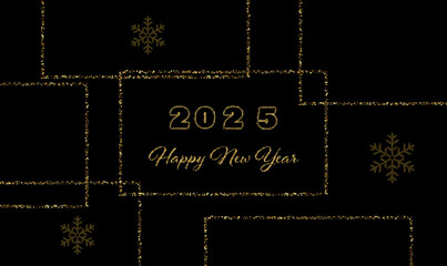 New Year poster design for 2025, golden dust with snowflakes on a black background