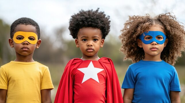 Three young superheroes in colorful costumes pose confidently outdoors, embodying courage and imagination in their playful adventure.