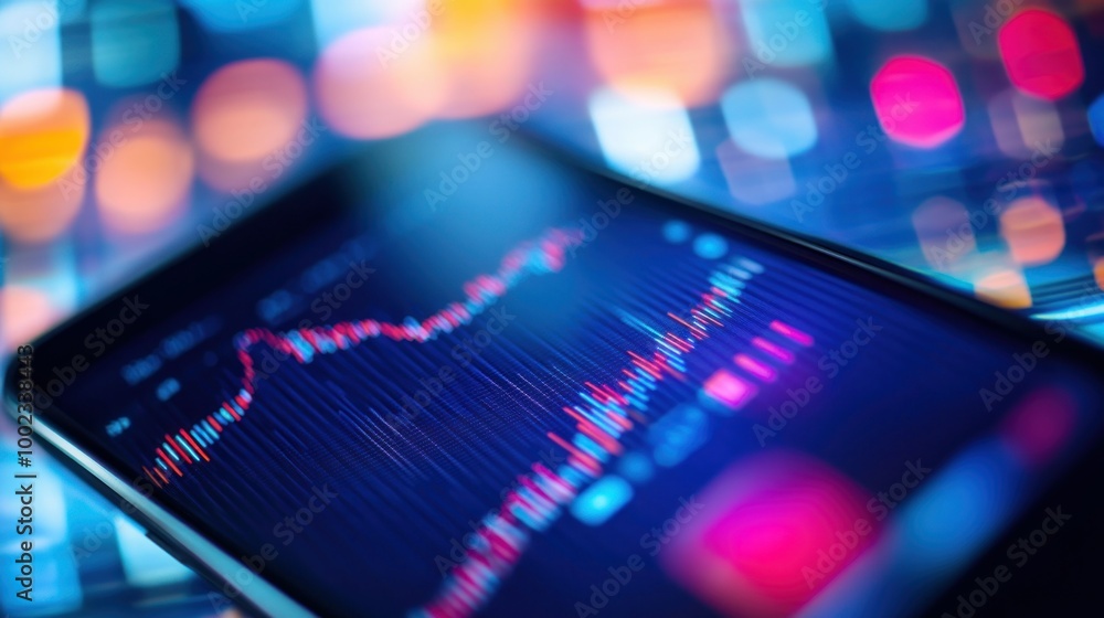 Poster Smartphone Display Showing Financial Stock Market Graph with Blurred Lights in the Background