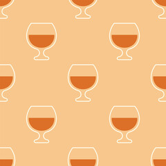 Glasses of cognac seamless pattern. White and orange outline icons on pastel background. Best for textile, bar decoration, wallpapers, wrapping paper, package and web design.