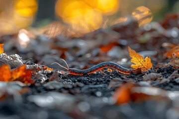 A Black and Red Centipede Crawling Through Autumn Leaves