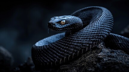   Black snake on rock at night with turned head and tongue out