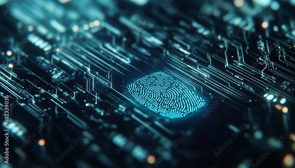 Poster futuristic fingerprint security scan on circuit board background, digital data protection technology