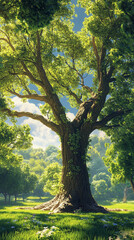 Obraz premium A large, strong tree stands majestically in a green park garden, its tall trunk reaching upward towards the sky