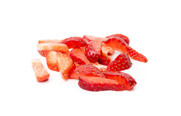 Strawberry pieces isolated, red berry cut set, fresh strawberries slices, summer food ingredient
