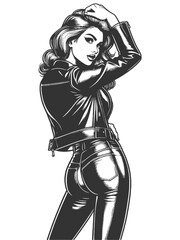 woman in a leather jacket and tight leather pants, posing sketch engraving generative ai fictional character raster illustration. Scratch board imitation. Black and white image.