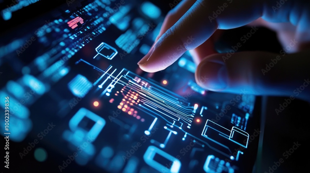 Poster close-up of a hand typing on a sleek laptop with circuit board icons and data symbols surrounding th