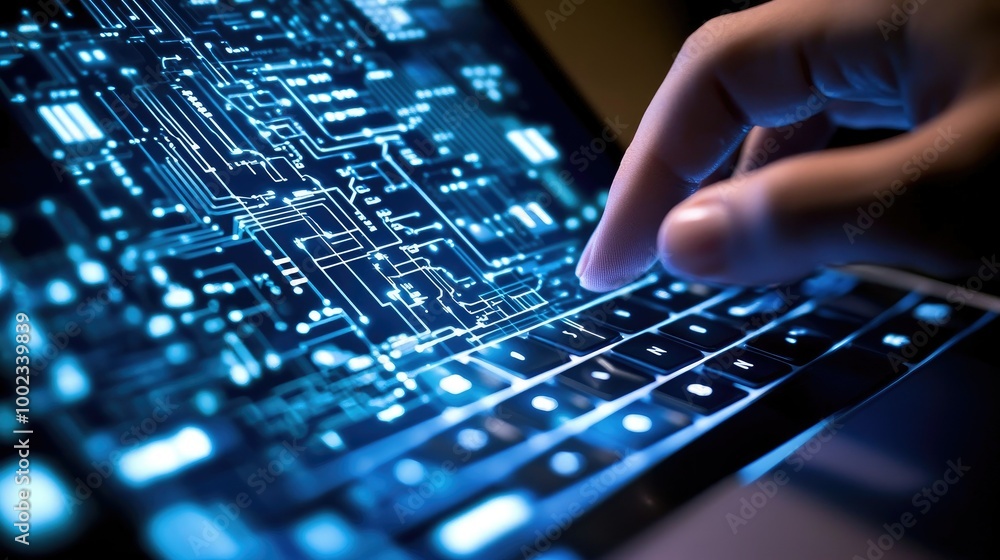 Poster close-up of a hand typing on a sleek laptop with circuit board icons and data symbols surrounding th